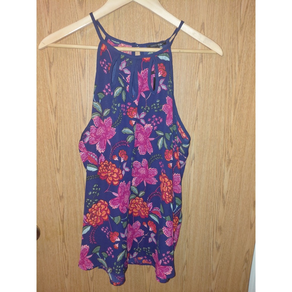 Papermoon Womens XL Floral Halter Top Navy Blue Pink Orange Keyhole Neck Blouse